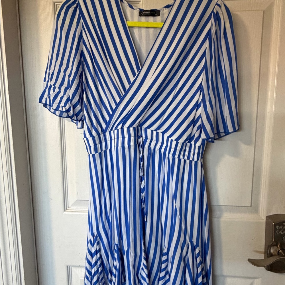 Anna Sui Blue and White Striped Midi Elastic Waist Dress